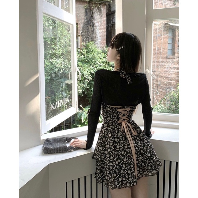 Đầm 2 Dây Xoè Hoa Nhí Cột Nơ Nữ Tính , Váy Hoa Nhí 2 Tầng EDA
