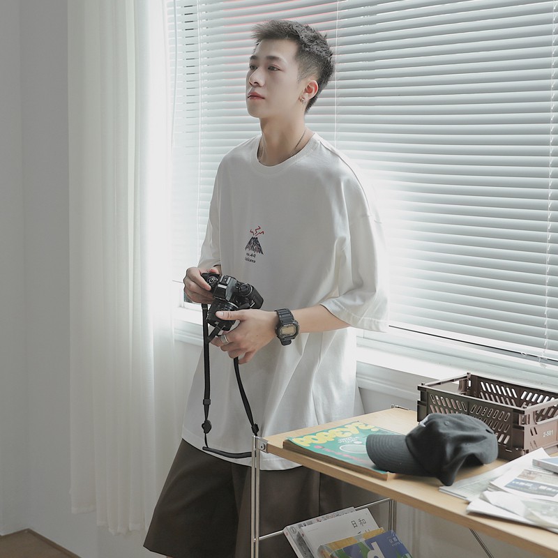 Áo thun nam tay lỡ cổ tròn form rộng streetwear phông unisex basic tee cotton teen oversize đen trắng giá rẻ NÚI LỬA