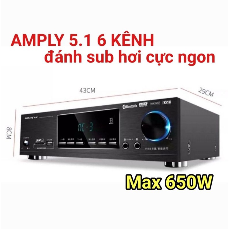 Amply 5.1 6 kênh Qisheng AV 108 công suất 700W đánh được trầm hơi uy lực, có bluetooth, hỗ trợ hát karaoke cực hay