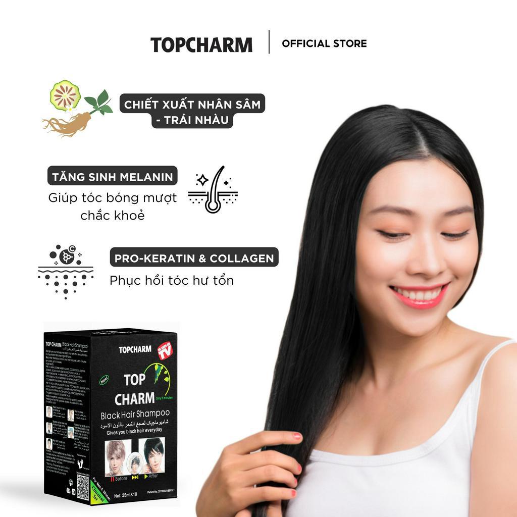 Dầu gội phủ bạc TOPCHARM gói 25ml, màu đen tự nhiên, an toàn da đầu, kích thích mọc tóc