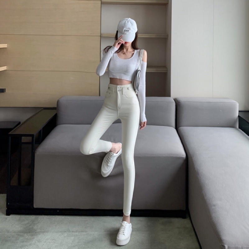 Quần jeans skiny ôm sát màu trắng kem lưng cao cho nữ