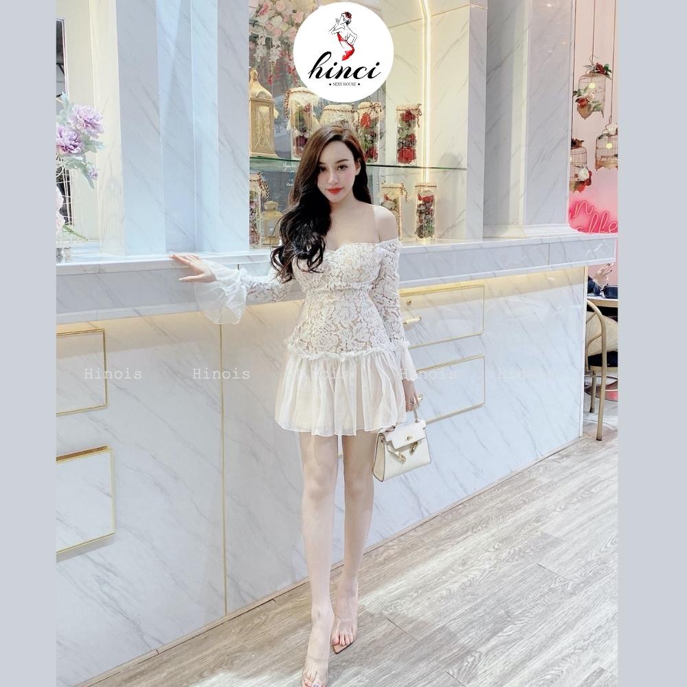 Váy Xoè Trễ Vai Dài Tay - Đầm Dáng Xòe Phối Ren, Phần Thân Váy Cách Điệu Nữ Tính, Thích Hợp Đi Chơi, Đi Dạo [222]