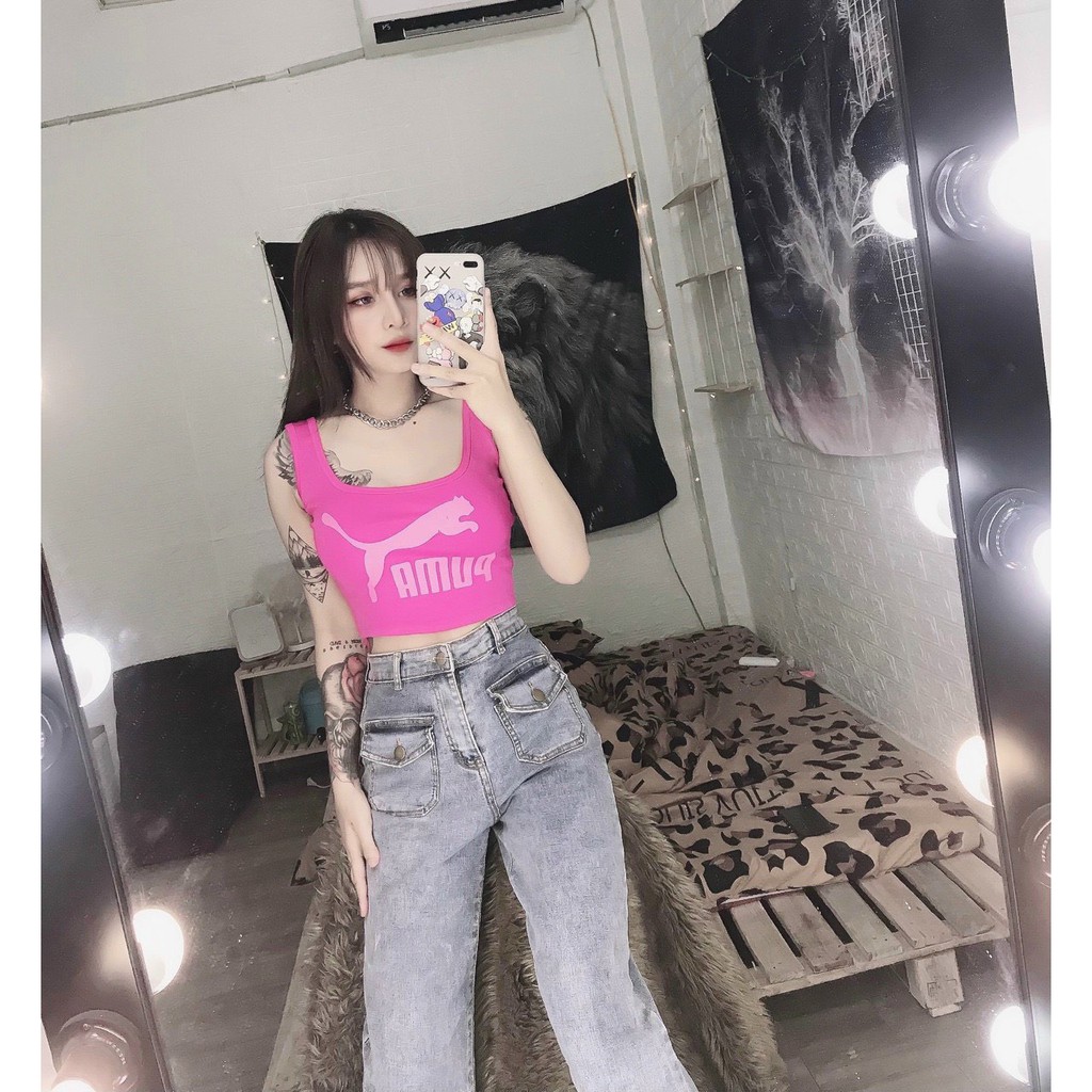 Áo 2 dây bản croptop in chữ logo trước con báo trước ngực cực xinh , chất thun bozip mềm mịn