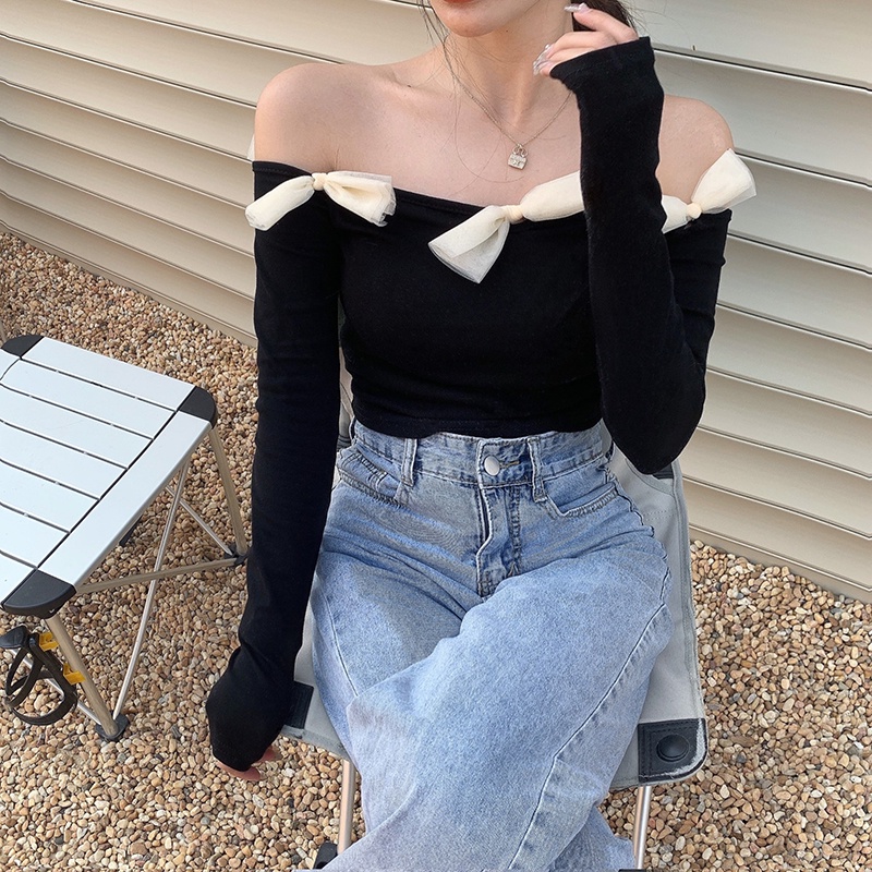 Áo thun bẹt vai tay dài cột nơ viền áo sexy mùa hè dành cho nữ / áo trễ vai thắt nơ AK44