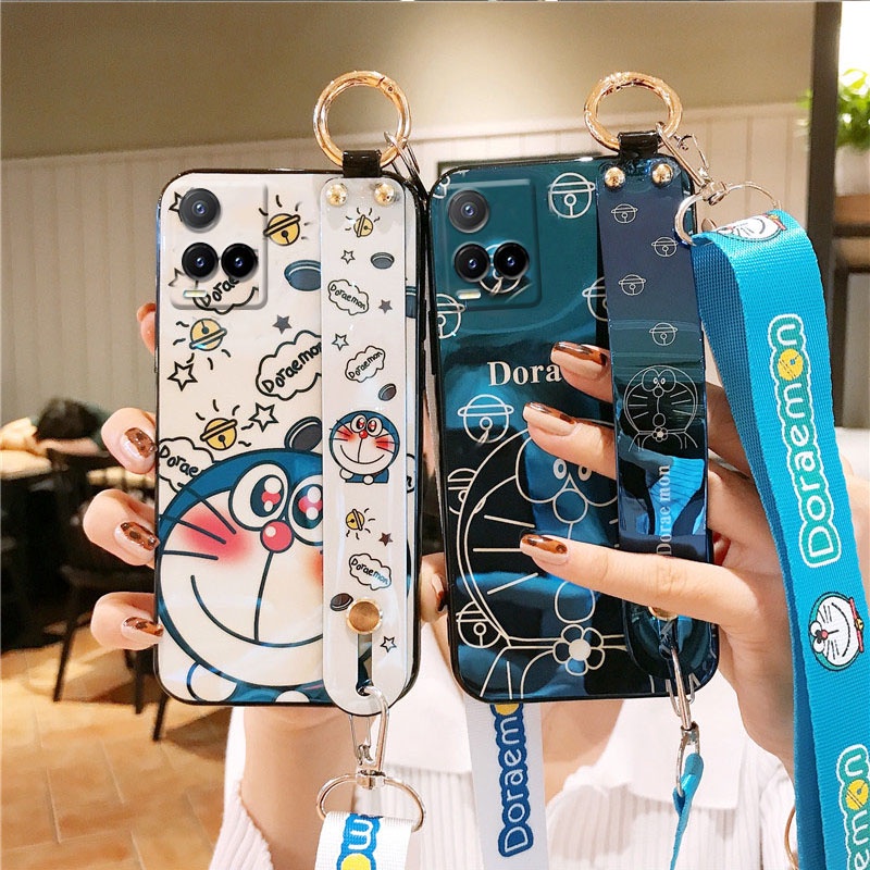 Ốp điện thoại TPU silicon mềm họa tiết Doraemon dễ thương có dây đeo cổ tay điều chỉnh cho Vivo Y21/ Y21S/ Y33S 2021 Y21