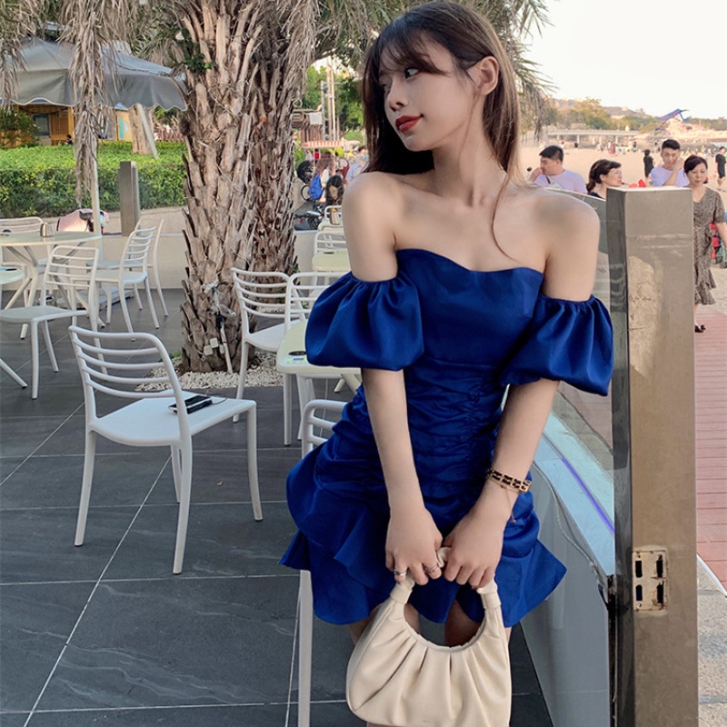 Đầm Mini Trễ Vai Tay Phồng Thời Trang Mùa Hè Quyến Rũ Cho Nữ