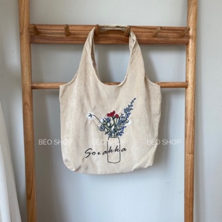 Túi tote vải canvas thêu hình lọ hoa phong cách Hàn Quốc