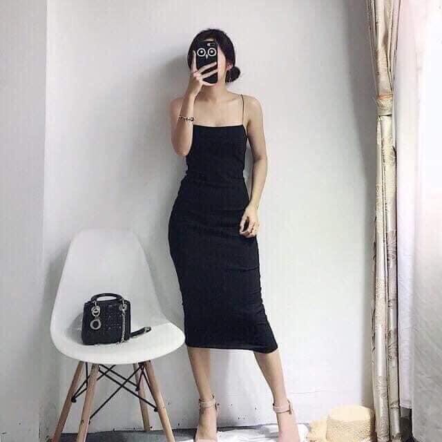 Đầm váy len body 2s - 2 dây bún dáng trên gối