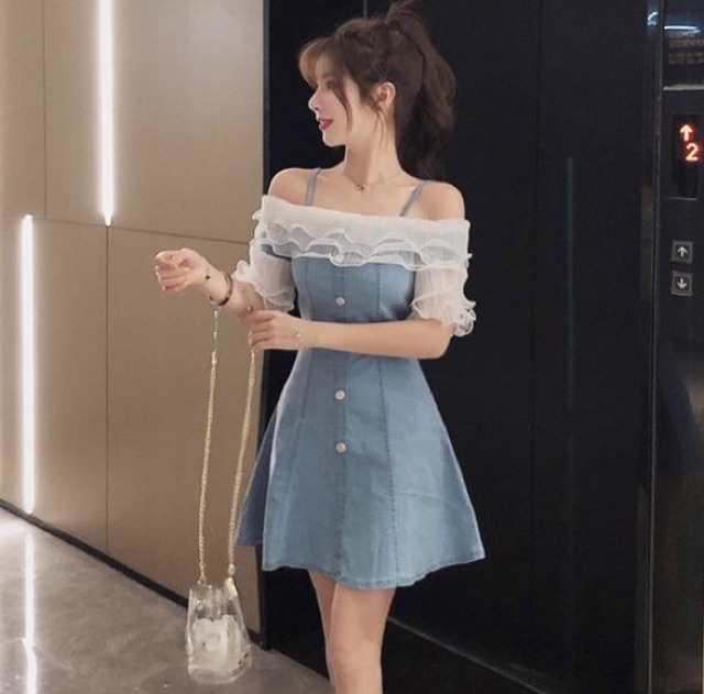 Đầm Jean nữ cao cấp thiết kế hở vai phong cách, phối bèo nữ tính NV0152