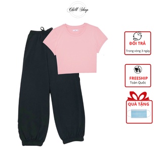 Set áo croptop quần ống rộng, áo croptop và quần jogger unisex bo chun chất cotton freesize CHILL SHOP