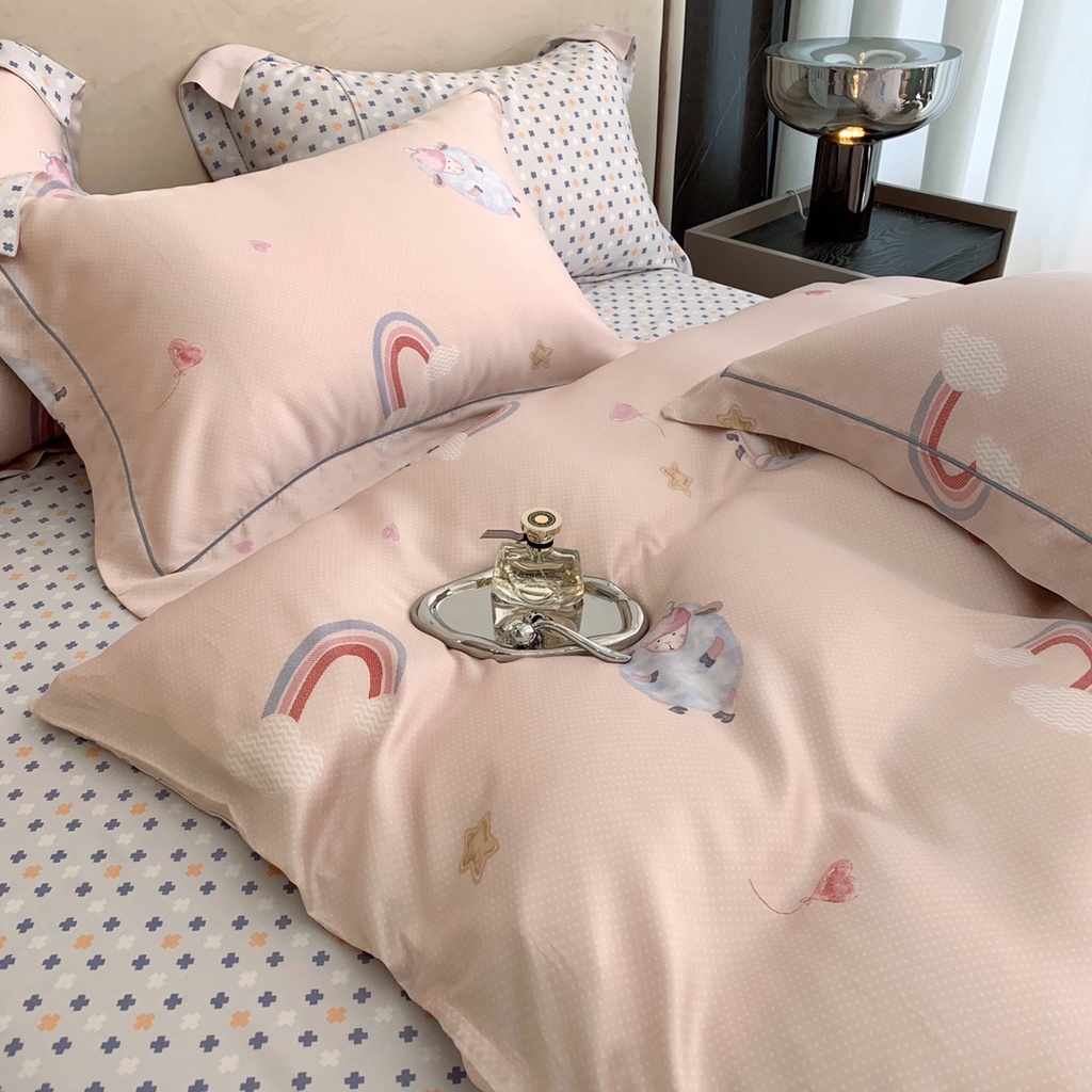 Bộ chăn ga gối 5 món cho bé, 100%Tencel 60s họa tiết cừu xinh, phiên bản in 2 mặt, chất liệu mềm mát mịn