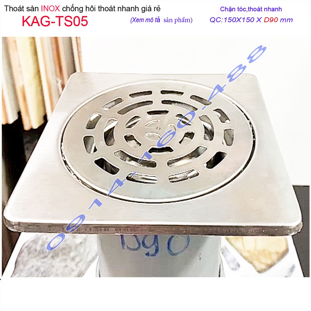 Phễu thoát sàn chống hôi KAG-TS05, ga thoát sàn vuông 15x15cm ống D90 nước thoát nhanh giá tốt sử dụng tốt