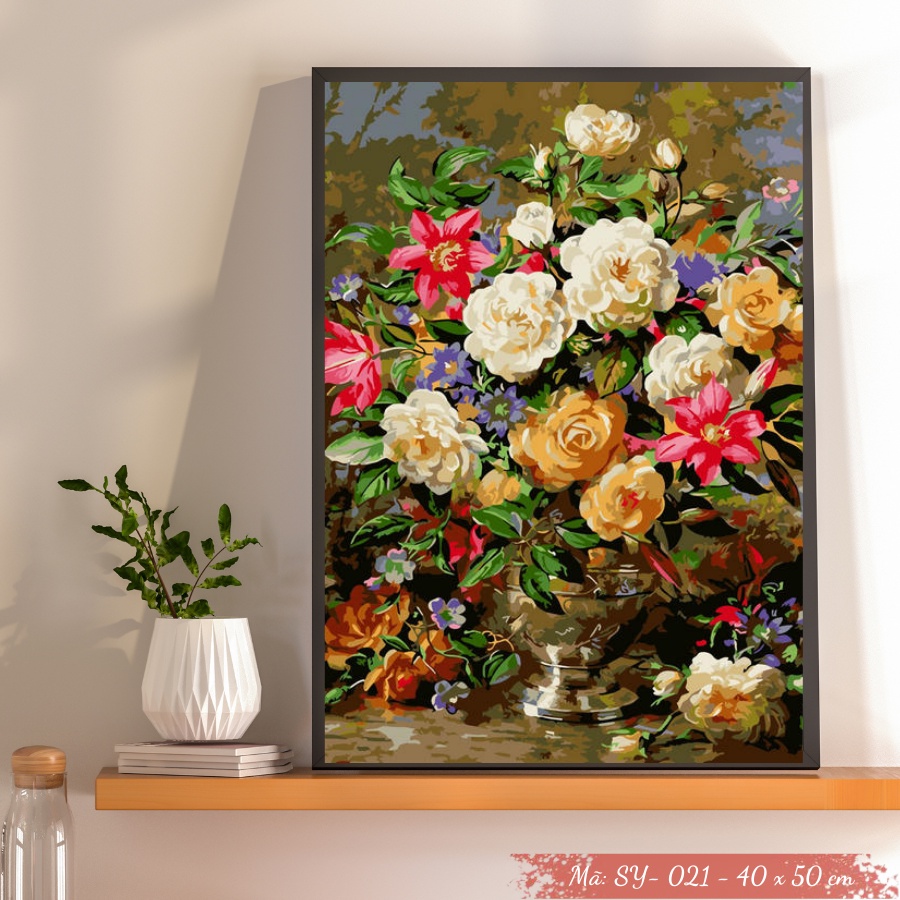 Tranh Sơn Dầu Số Hóa Tự Tô Màu Theo Số Mẫu Hoa - SY102 Kèm Màu Acrylic Kích Thước 40x50cm