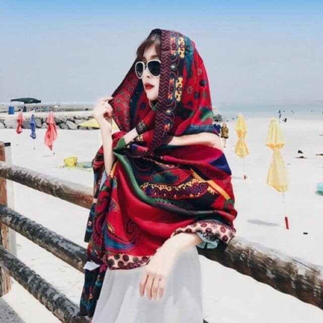 [HÀNG LOẠI 1]_Khăn Choàng Cổ Boho Vintage Cao Cấp Hoạ Tiết Đỏ Công