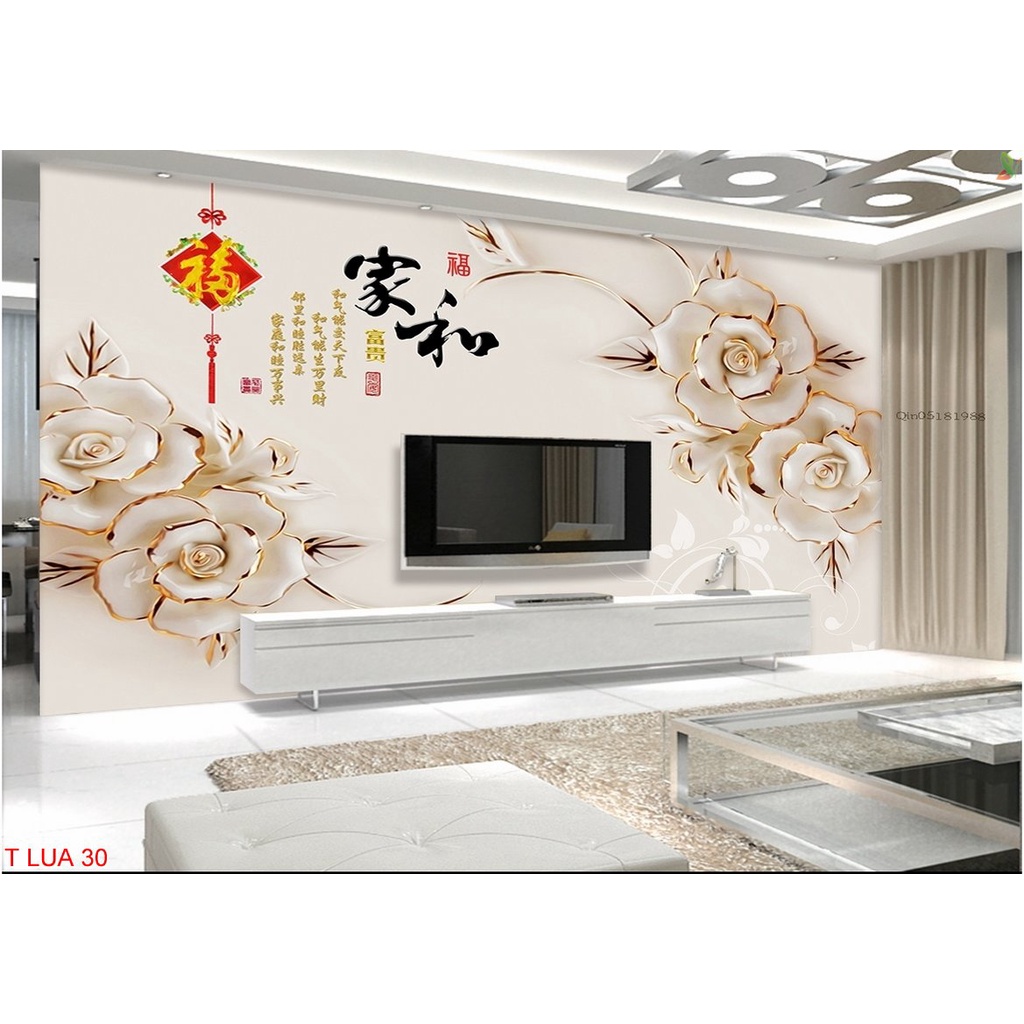 Tranh dán tường 3D trang trí phòng khách các mẫu hoa lụa