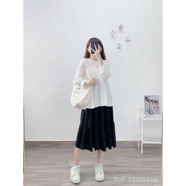 ( Ảnh thật)  Áo babydoll nút bọc trắng