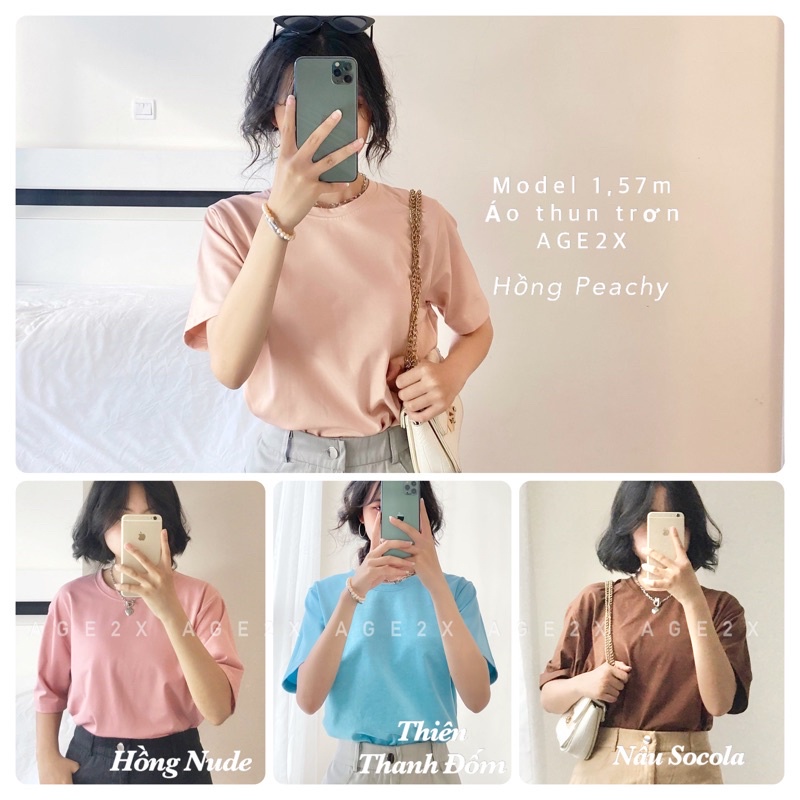♟✇▣Áo thun trơn trắng, hồng nude, Xanh thiên thanh đốm, vàng bò đốm chính hãng AGE2X Hàng VNXK