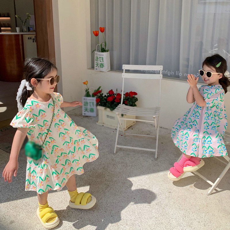 Đầm Công Chúa Tay Phồng Ngắn In Họa Tiết Hoa Phong Cách Hàn Quốc Đơn Giản Dành Cho Bé Gái