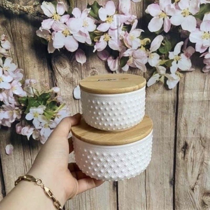 Bộ 2 thố sứ nắp gỗ gioăng cao su
