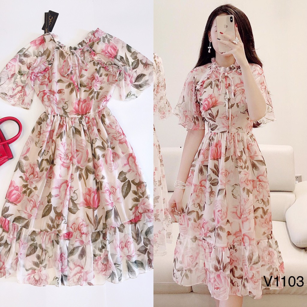 [ xả kho ] MiD Đầm hoa tay dơi V1103 Mie Design ảnh thật