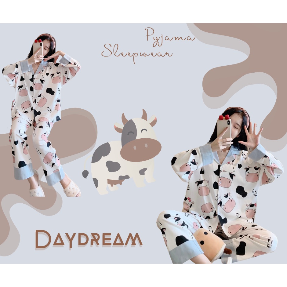 Bộ đồ ngủ Pyjama Cotton thu đông hình con bò sữa đáng yêu