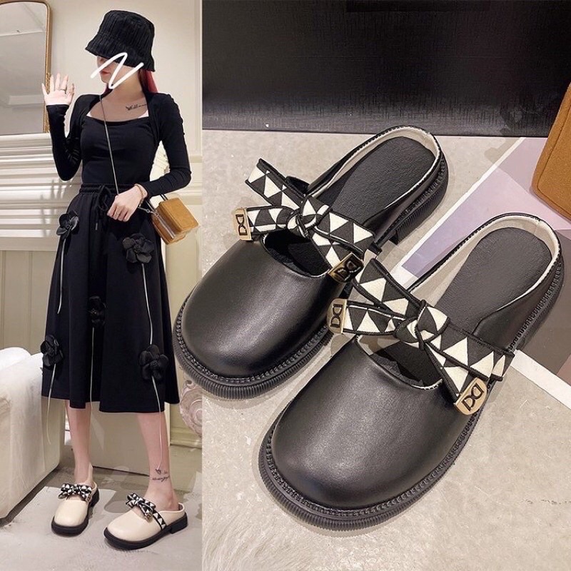 giày sục da nữ mũi tròn quai ngang nư điệu đà hàng dày dặn cao cấpi