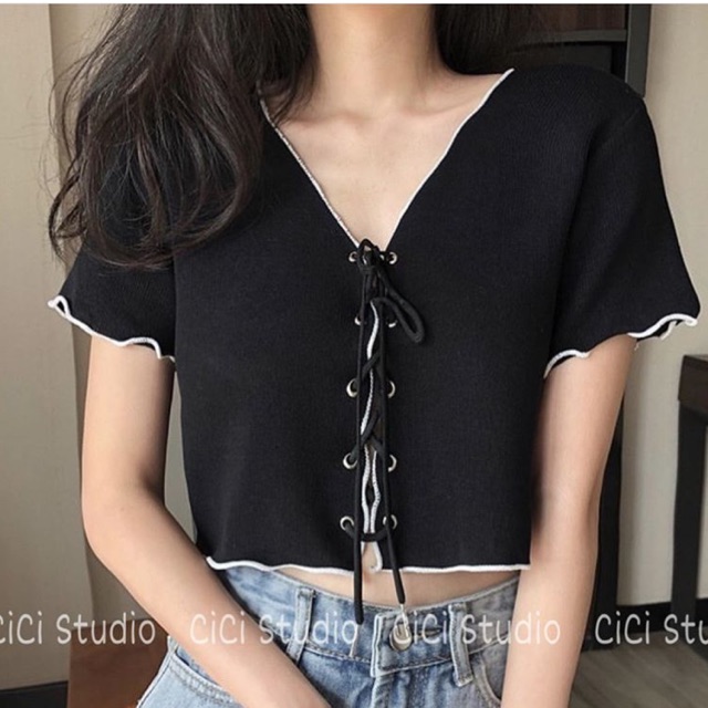 Croptop Gân Cuốn Biên Đan Dây