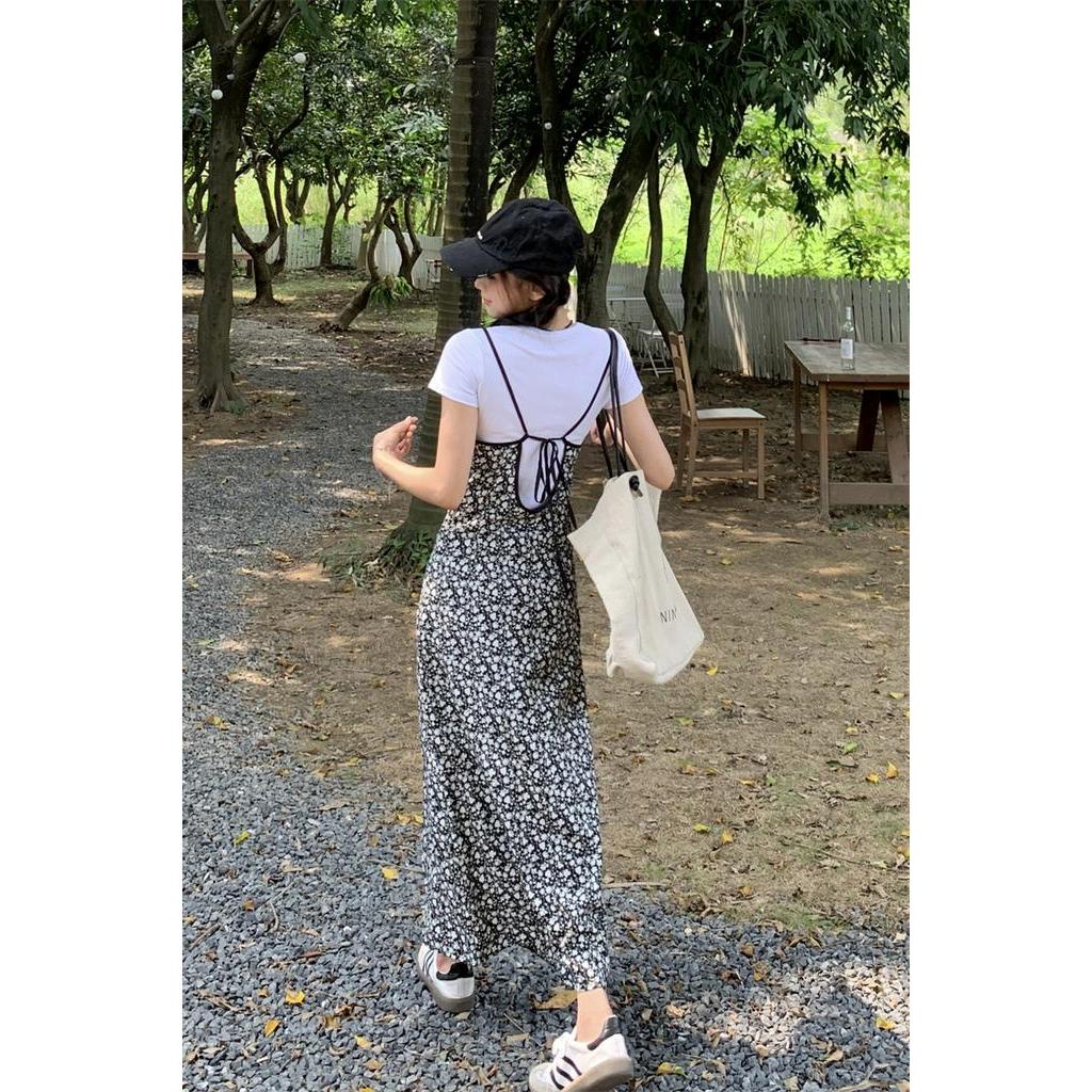 Jumpsuit Hai Dây / Áo Thun Trơn Màu Họa Tiết Hoa Phong Cách Mới 65412