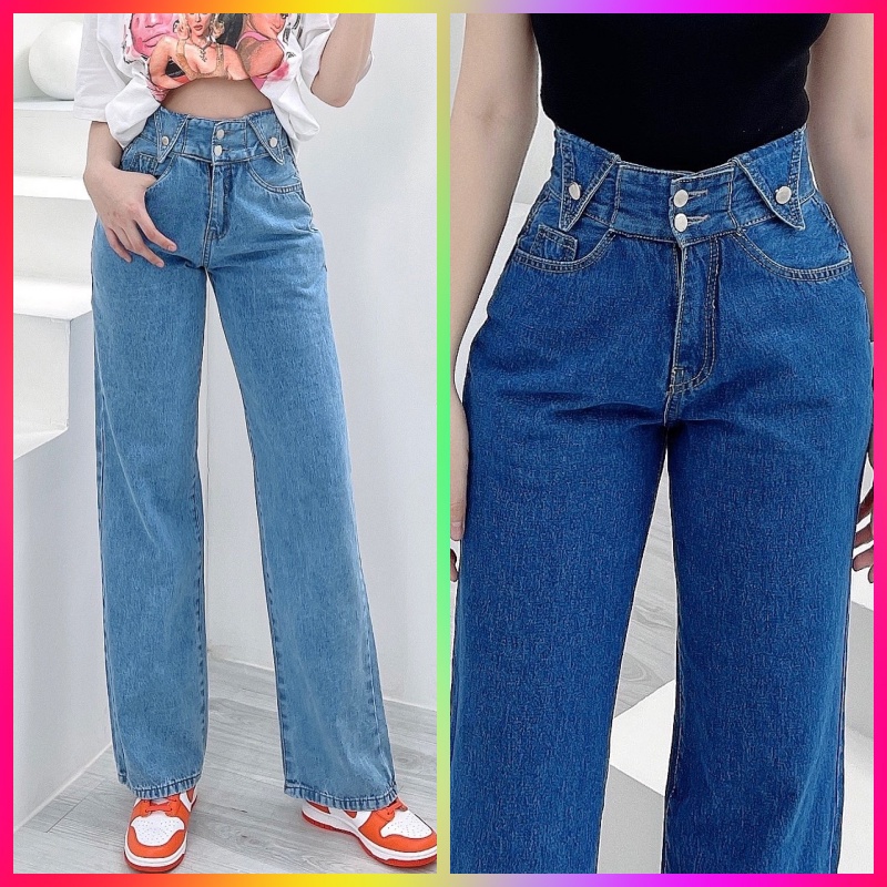 QUẦN JEANS ỐNG RỘNG NỮ LƯNG CAO 2 NÚT 2 TAI TAM GIÁC MÀU XANH NHẠT XANH ĐẬM LAI CUỐN FORM DÀI RỘNG CAO CẤP NITIQC