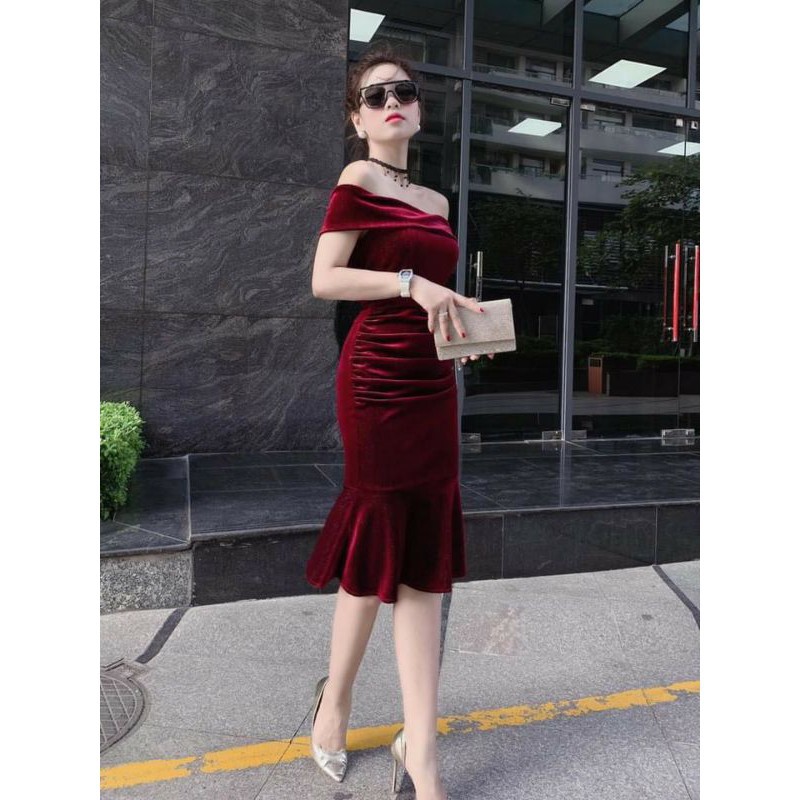 { Xả hàng} Đầm body nhung nhũ đuôi cá thắt đai eo trễ vai