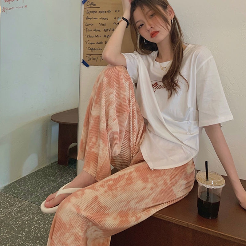 Jiashucheng Quần Lụa Ống Rộng Lưng Cao Xếp Ly Nhuộm Màu Thời Trang Mùa Hè Cho Nữ