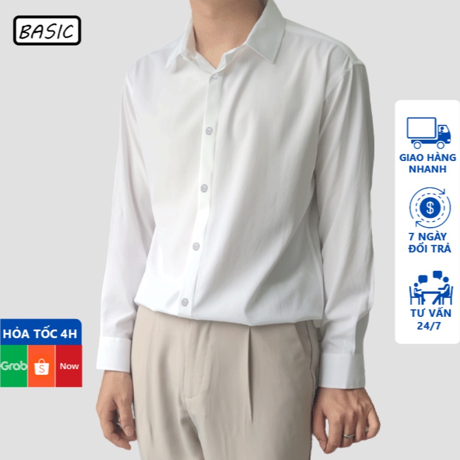 Áo sơ mi nam BASIC dài tay cổ bẻ dáng ôm Hàn Quốc vải lụa thái cao cấp chống nhăn nhanh khô thoáng khí