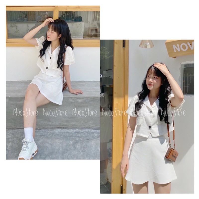 Set Áo Croptop Tay Bồng Kèm Chân Váy Cạp Trước Chun Sau, Set Áo Cổ Vest Chân Váy | BigBuy360 - bigbuy360.vn