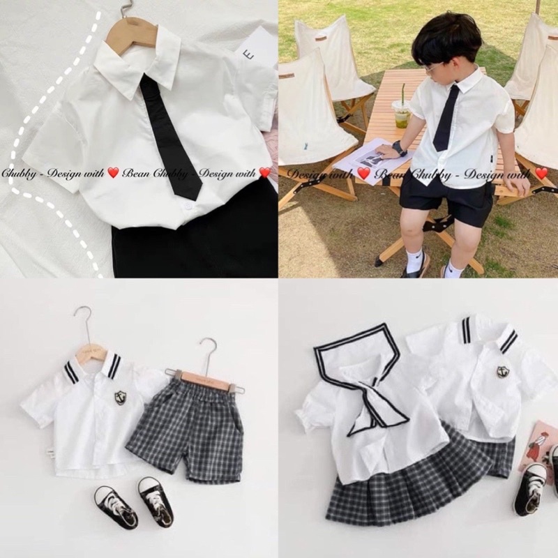 Set đồ đôi bé trai bé gái Hàn Quốc, bộ sơ mi quần kẻ cho bé, set váy thuỷ thủ chân xoè trẻ em 2022, bộ đồ Hàn cho bé