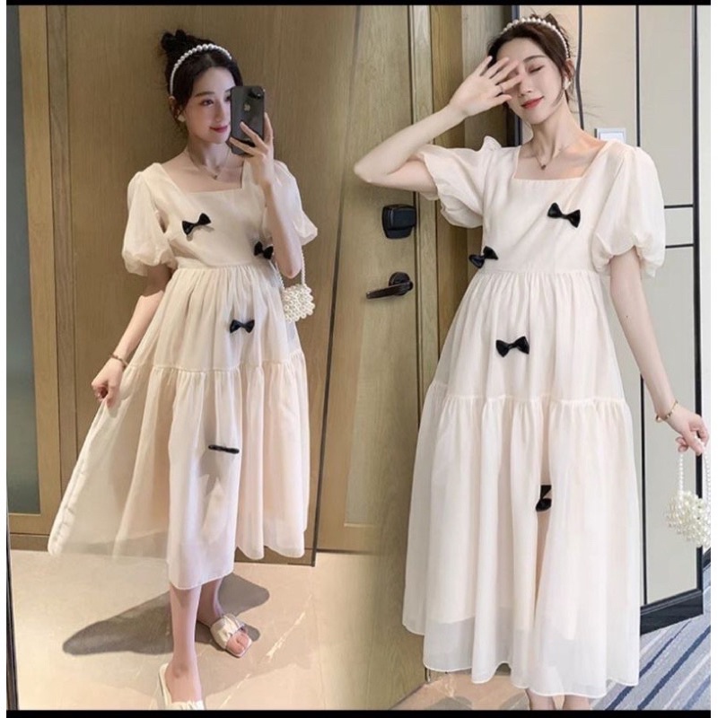 Đầm bầu tiểu thơ xinh xắn 2 lớp HOT TREND-Váy bầu babydoll dáng dài cổ vuông siêu xinh