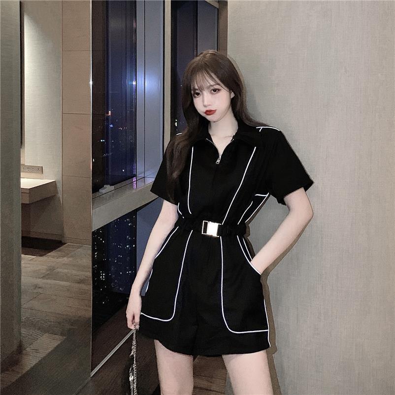 Jumpsuit UIOWOO tay ngắn họa tiết sọc phản quang phong cách Hàn Quốc mới