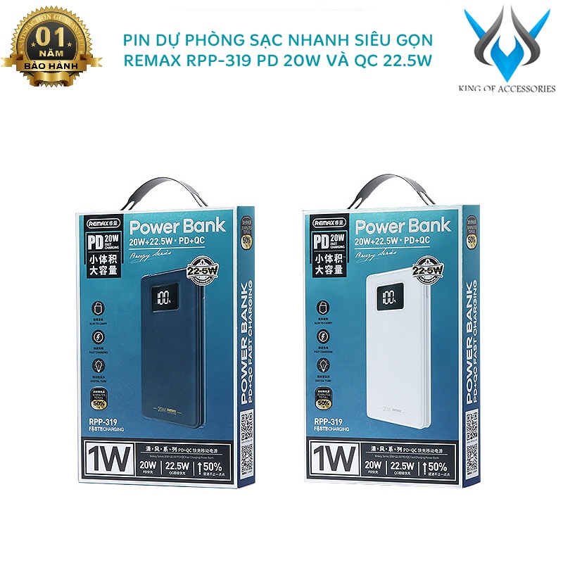 Pin dự phòng sạc nhanh Remax RPP-319 dung lượng 10000mAh QC 22.5W và PD 20W - tích hợp 1 input 3 output (màu ngẫu nhiên)