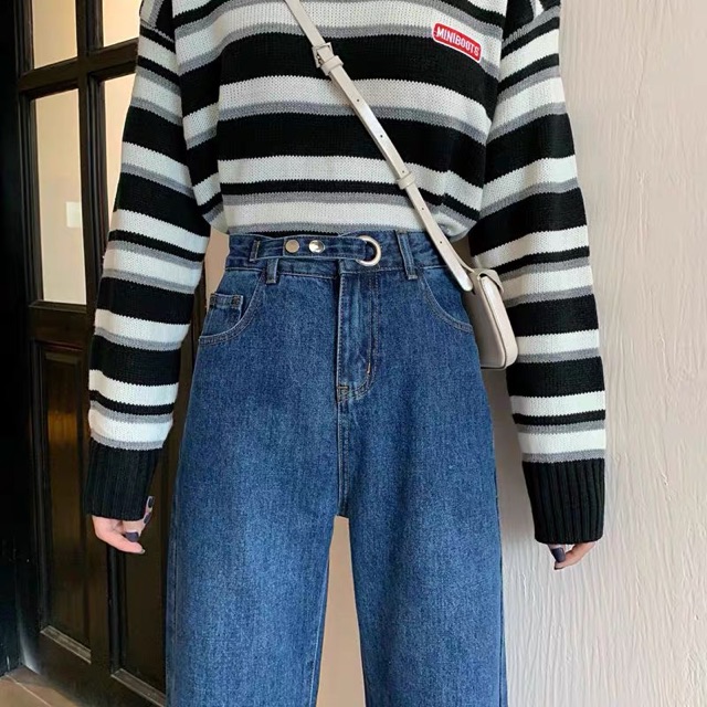 Xanh nhạt, L + Đen, M (sẵn) | Quần jeans ulzzang dáng suông MS1031 | BigBuy360 - bigbuy360.vn