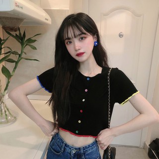 Áo croptop len mỏng nút màu Freesize