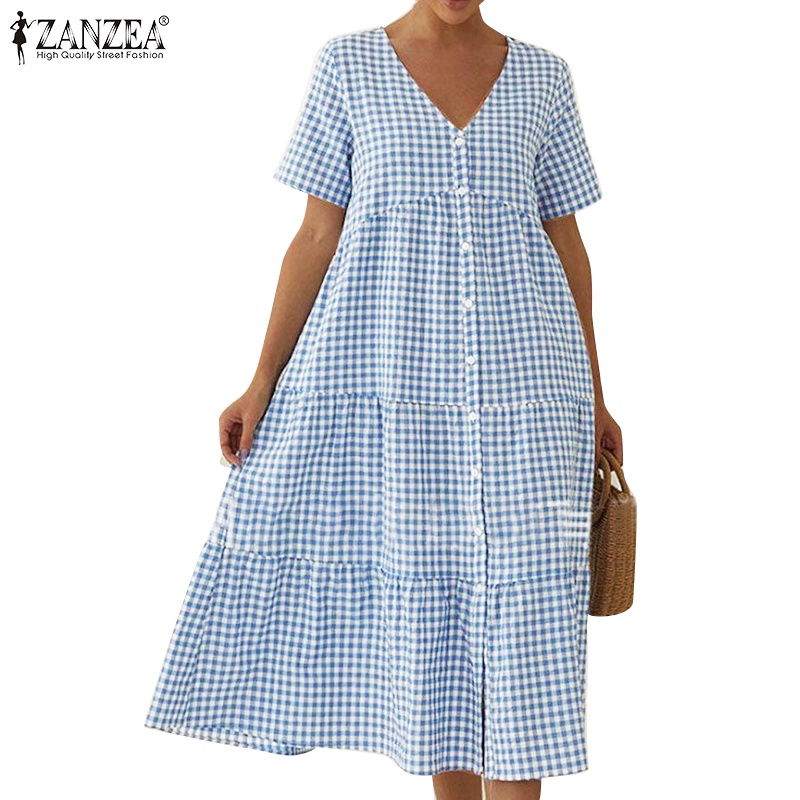 Đầm Zanzea tay ngắn cổ chữ V họa tiết sọc caro thiết kế xếp tầng thời trang cho nữ