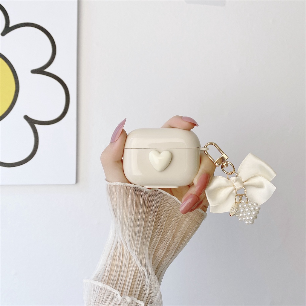 Vỏ Bảo Vệ Hộp Sạc Tai Nghe AirPods Pro 1 2 3 Hình Hộp Sữa Trái Tim Màu Trắng Kèm Dây Đeo Ốp