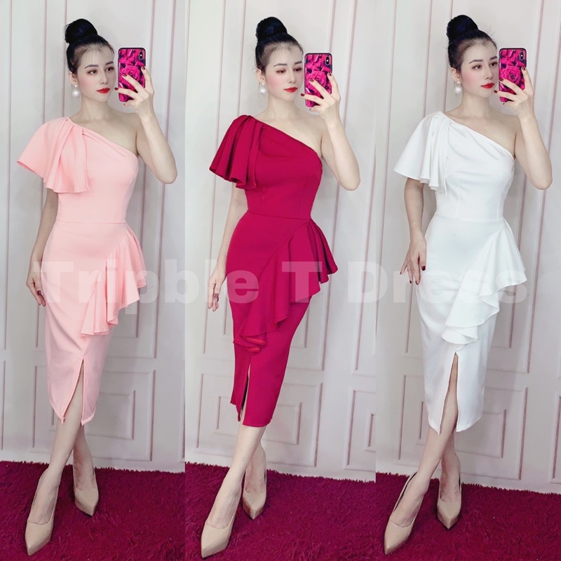 Đầm body lệch 1 vai nhún bèo chất poly TRIPBLE T DRESS