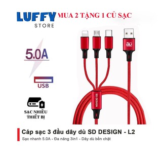 Cáp Sạc 3 Đầu L2 SD Design đa năng 3in1-Micro-Type C Dây Dù Sạc cho Samsung Oppo Xiaomi iP