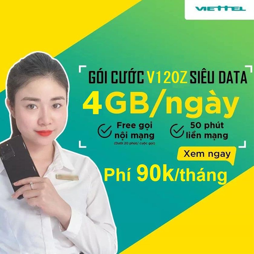 Sim 4G Viettel Khuyến Mại 4Gb/Ngày Tốc Độ Cao V90 Mới (V120Z)