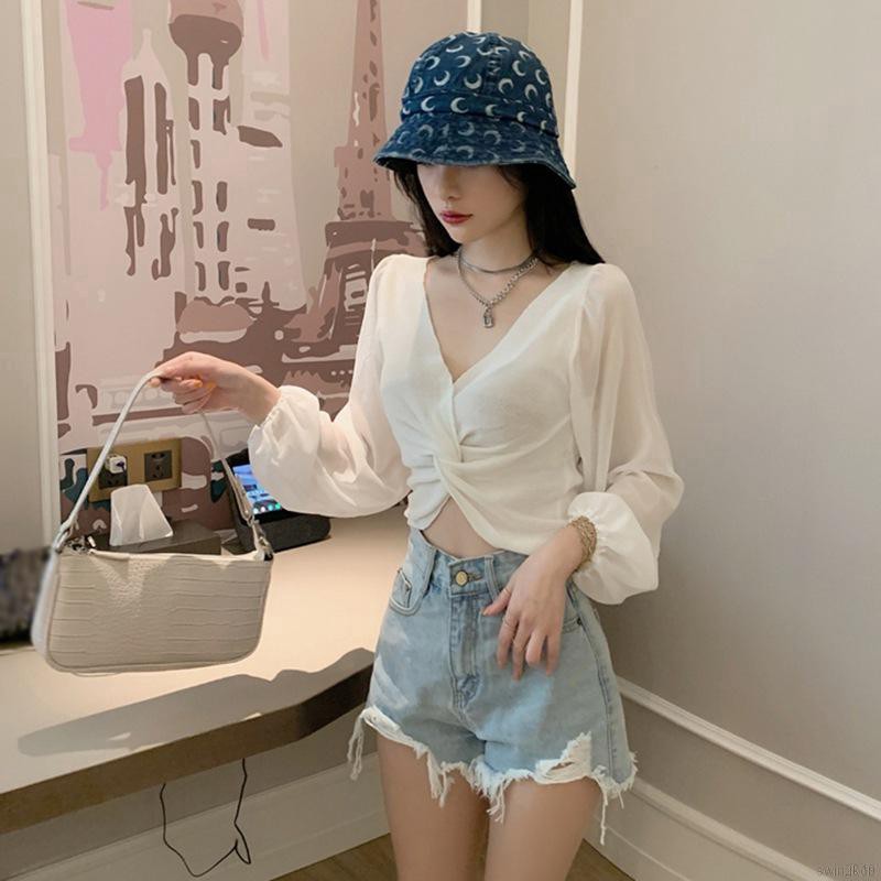 Áo Croptop Dệt Kim Thiết Kế Cổ Chữ V Thời Trang Quyến Rũ Dễ Thương