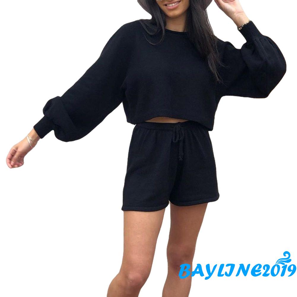 Set 2 Món Áo Len Tay Dài Phối Quần Short Thời Trang Quyến Rũ Cho Nữ