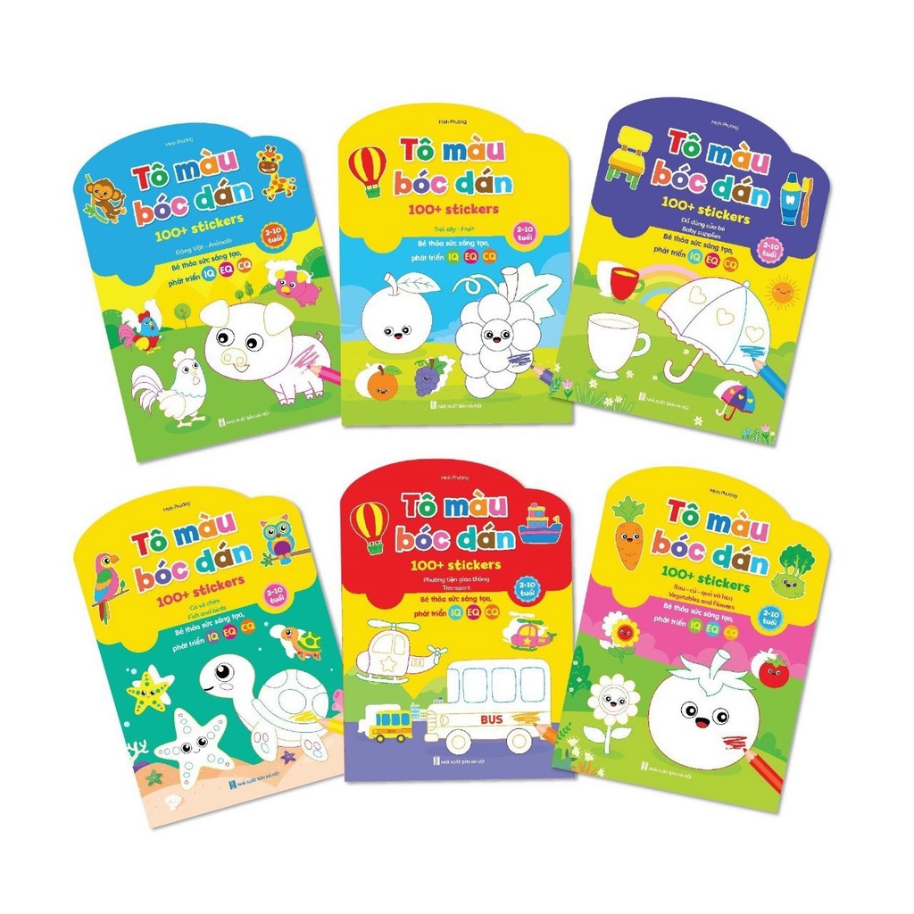 Sách - Tô màu bóc dán 100+ stickers song ngữ Việt Anh bộ 6 cuốn