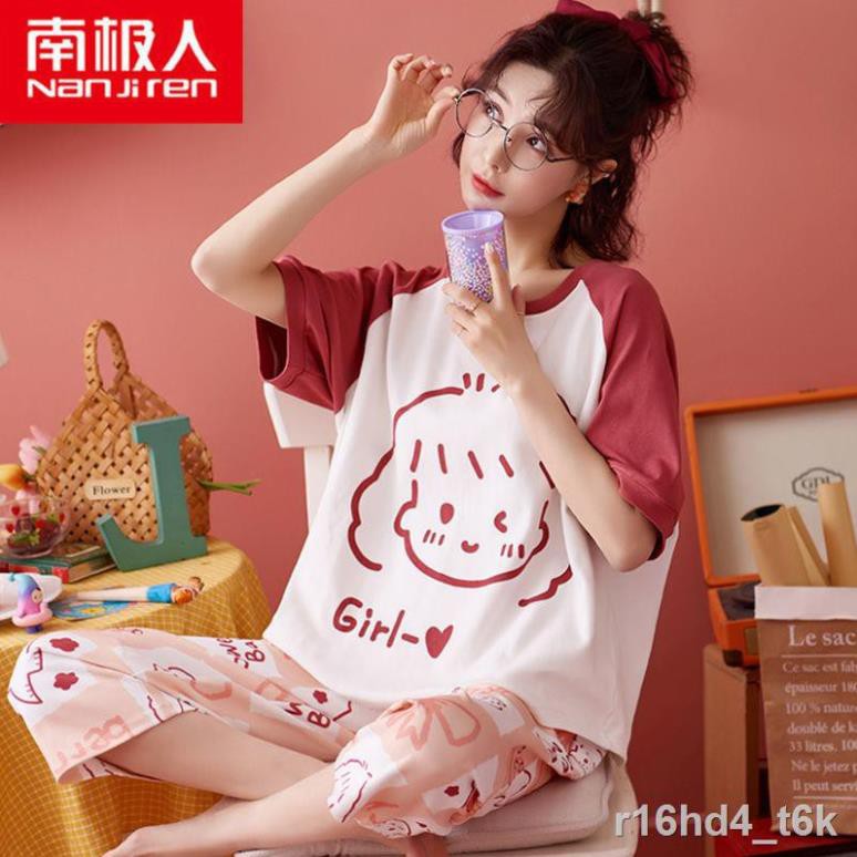 Bộ đồ ngủ cao cấp Nam Cực nữ tay ngắn mùa hè bảy Quần xẻ tà cotton nguyên chất mặc nhà cho sinh viên mới 2021V  ཾ