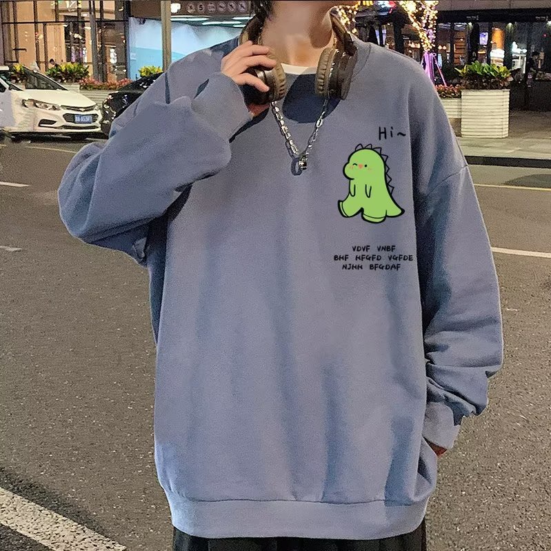 Áo Nỉ Dài Tay Cổ Tròn Form Rộng In Họa Tiết Khủng Long Hoạt Hình Size M-3XL Cho Nam