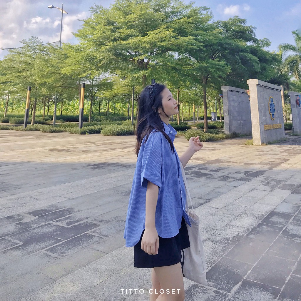 Áo Sơ Mi Kẻ Ngắn Tay Phối Cúc Sau Lucy Shirt - Ảnh Thật - Titto Closet